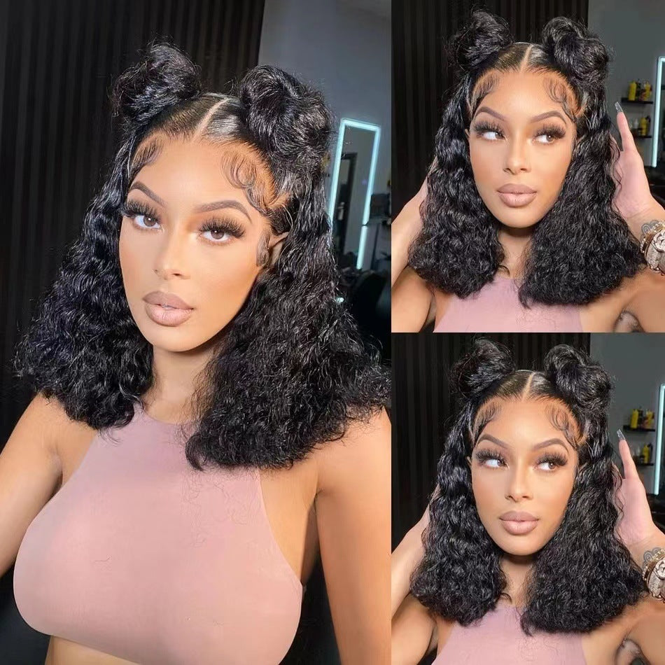 Collage of a woman with styled the undone waves bob in different angles.