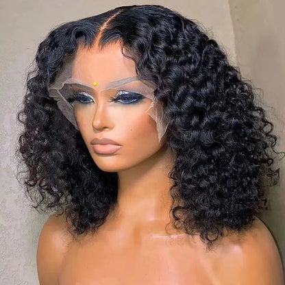Person wearing a black curly wig with a neutral background